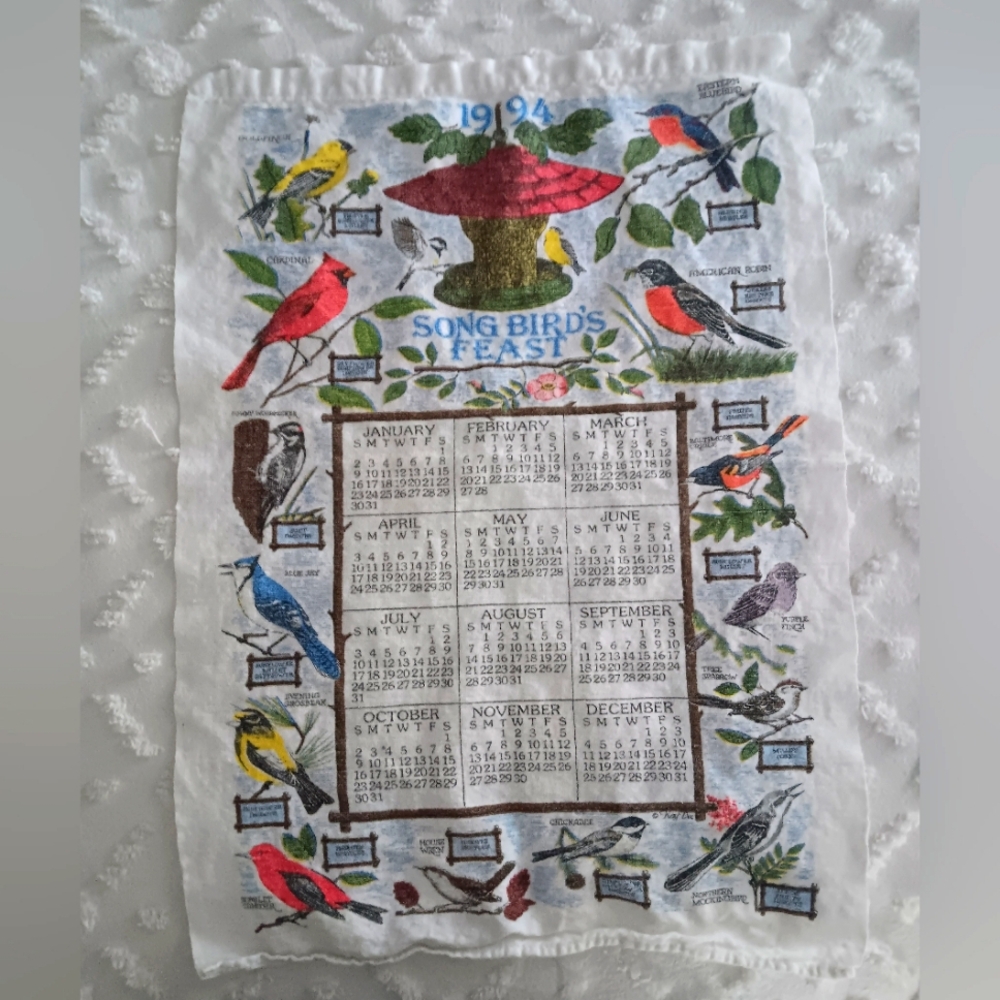 Vintage 1994 Kay Dee Song Bird's Feast Calendar Tea Towel